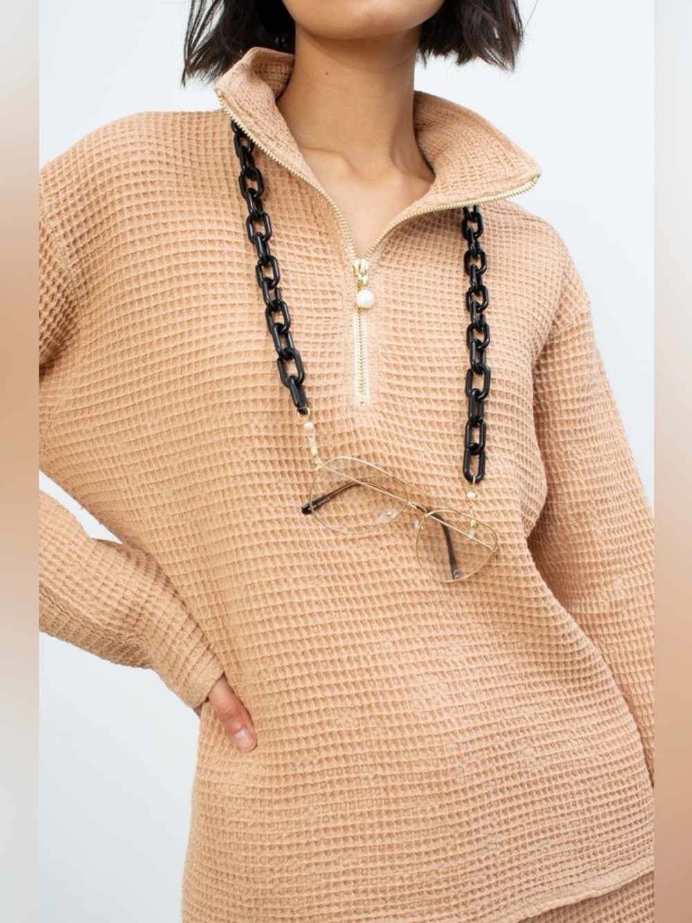 DONNI. Waffle 1/2 Zip Pullover - Latte - Picture 3 of 10
